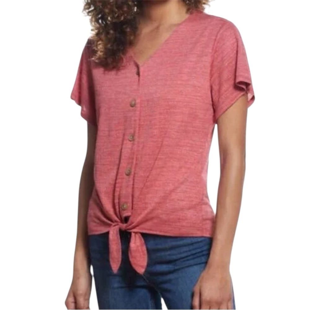 Weatherproof Vintage Women's Pink‎ Salmon Tie Front Button V-Neck Short Sleeve